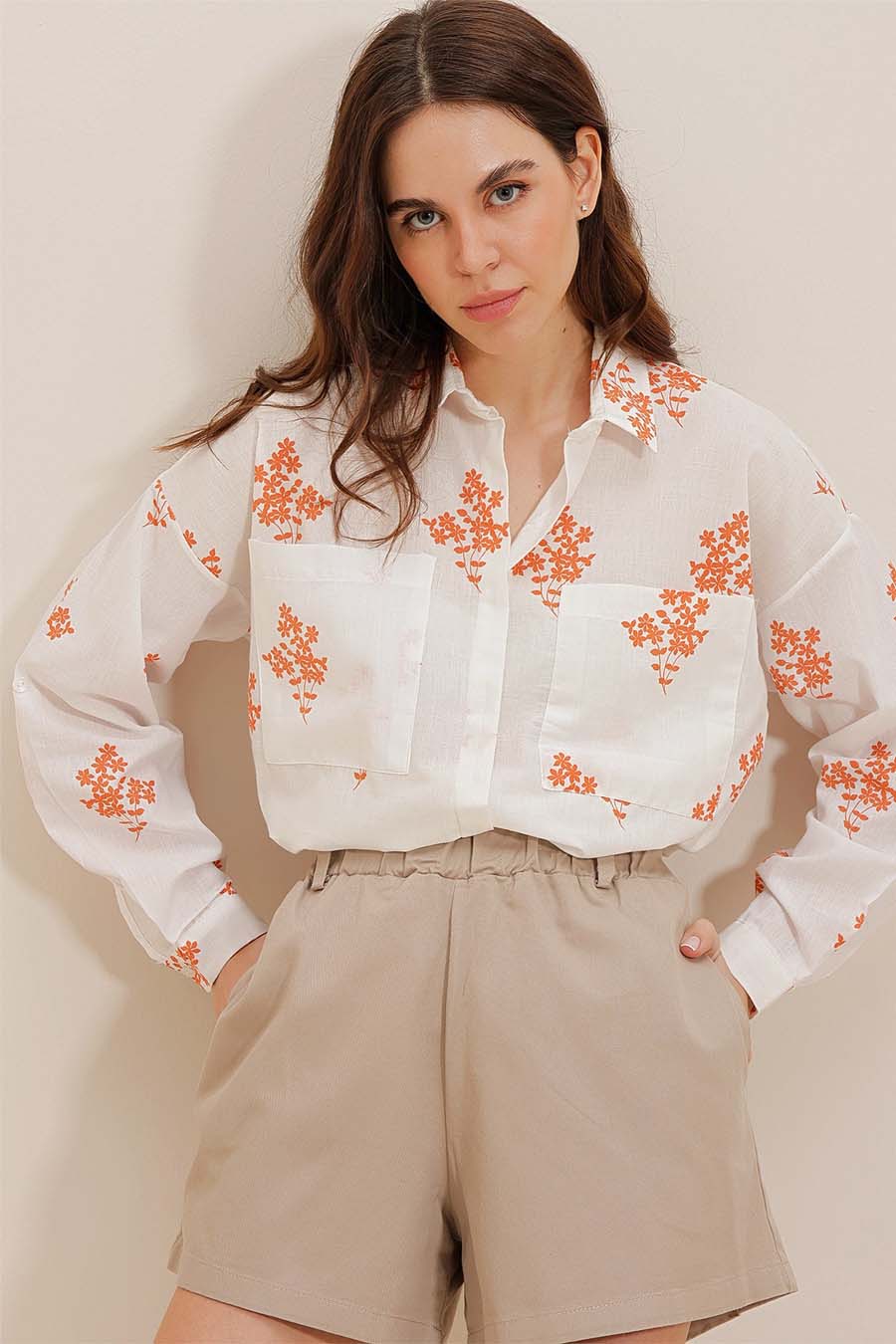 Γυναικείο πουκάμισο Darana, Λευκό/Πορτοκάλι 2