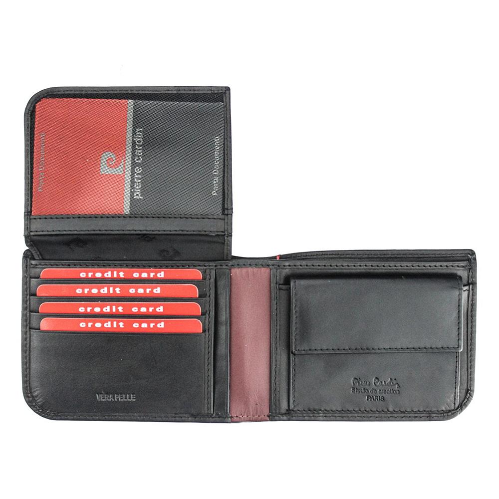 Pierre Cardin | Ανδρικό πορτοφόλι από γνήσιο φυσικό δέρμα GPB041, Μαύρο/Κόκκινο 5